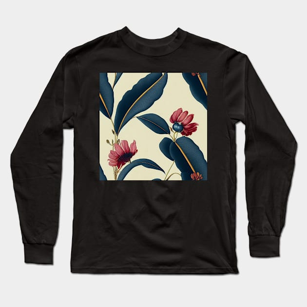 Deep Blue and Rust Autumn Orange Vintage Floral Long Sleeve T-Shirt by VintageFlorals